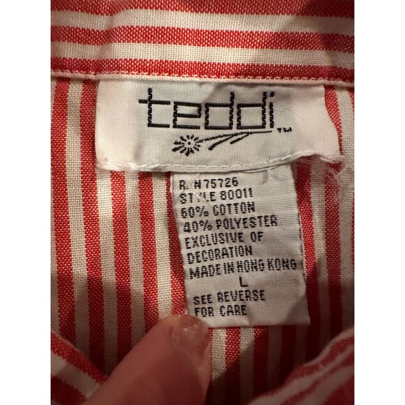 Teddi Red‎ White Striped Shirt with Embroidered Dogs – Size Large - Picture 2 of 13